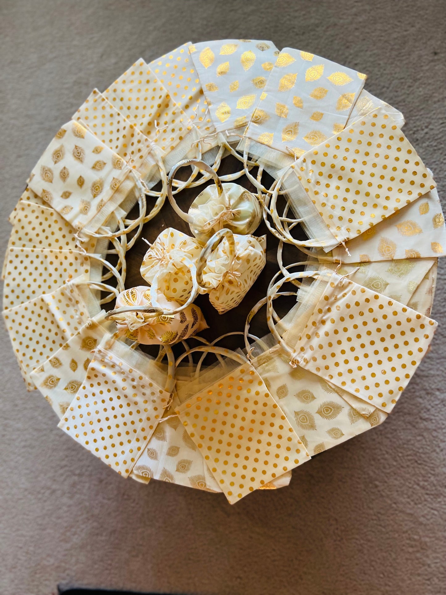 Silk Potli Bags with Peacock Feather & Polka Dot Design – Wedding & Jewelry Pouches