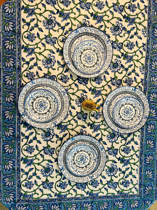 Handmade Floral Block Print Tablecloth with 6 Napkins