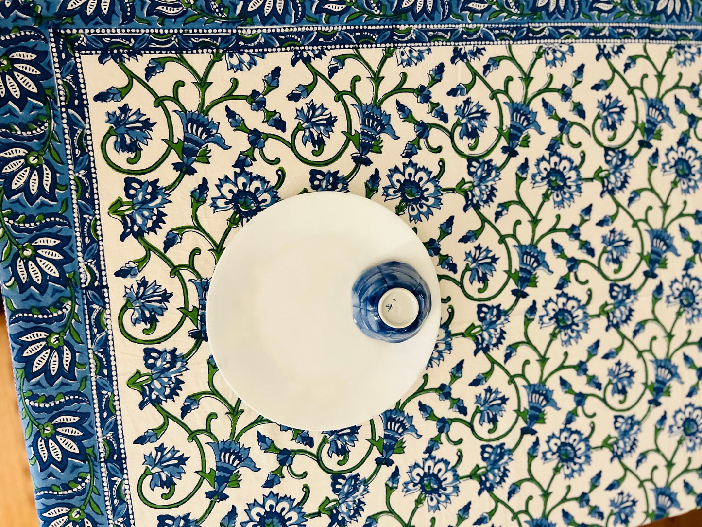 Handmade Floral Block Print Tablecloth with 6 Napkins