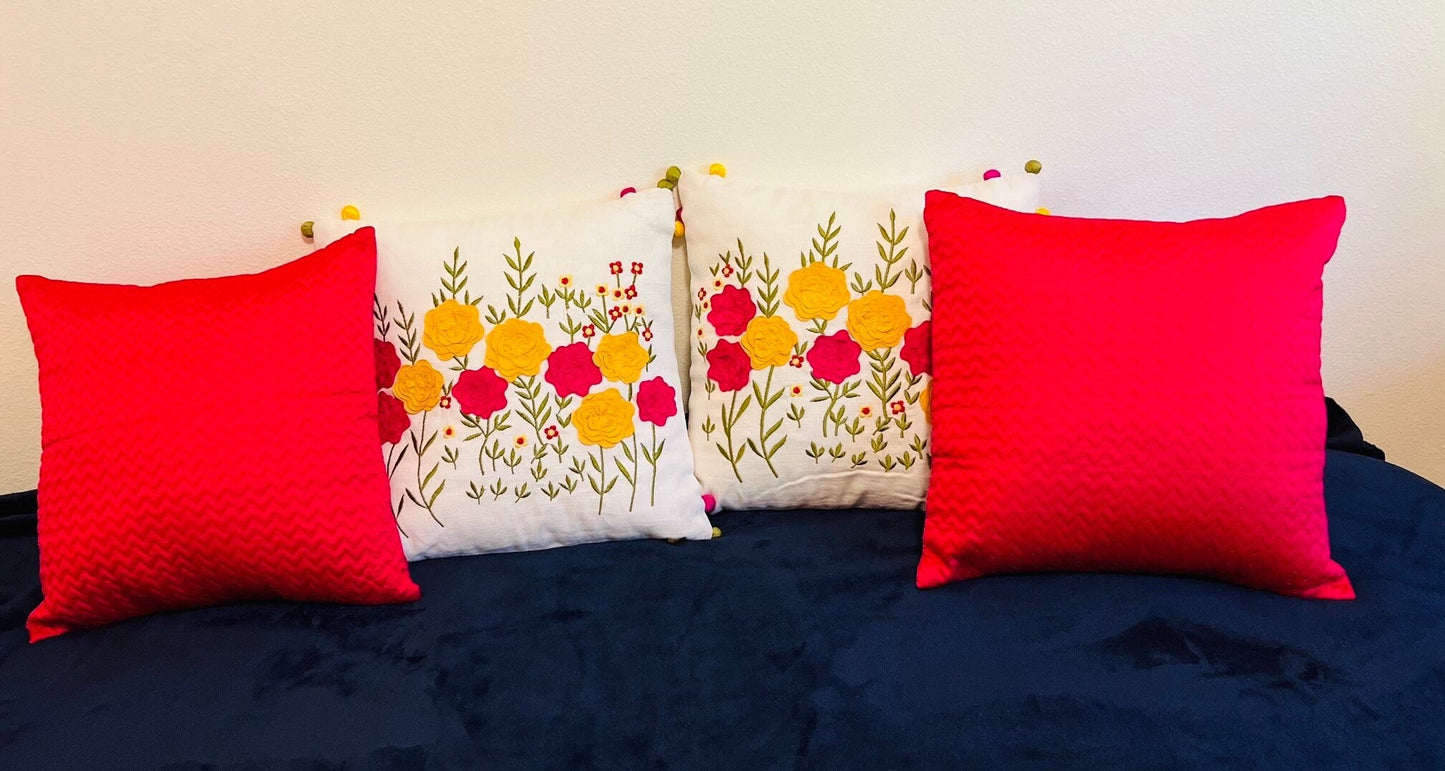3D Floral Embroidered Cotton Cushion Cover