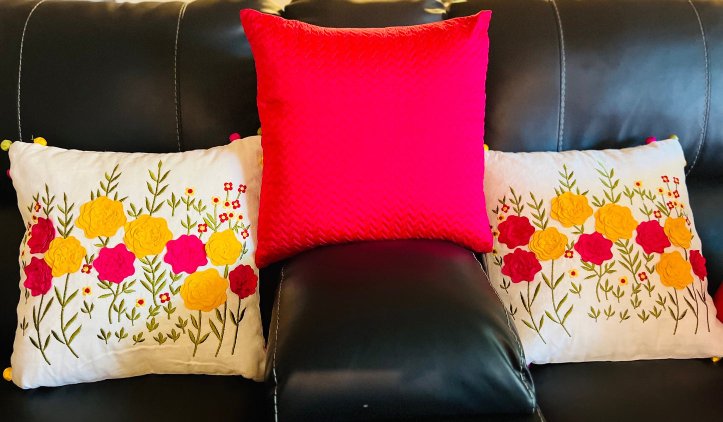 3D Floral Embroidered Cotton Cushion Cover