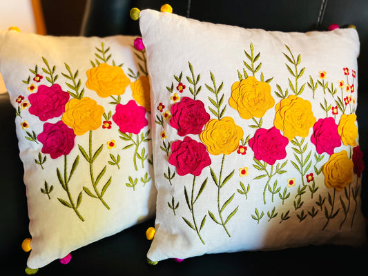 3D Floral Embroidered Cotton Cushion Cover