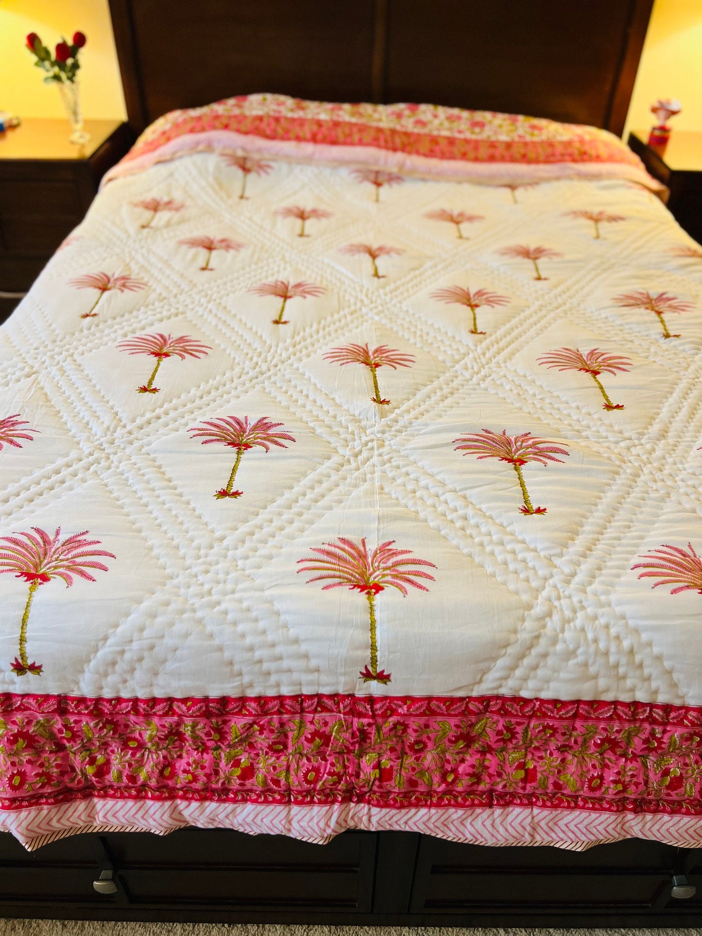 Reversible Block Print Floral Cotton Quilted Blanket – Queen Size