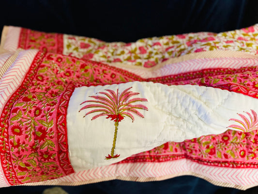 Reversible Block Print Floral Cotton Quilted Blanket – Queen Size