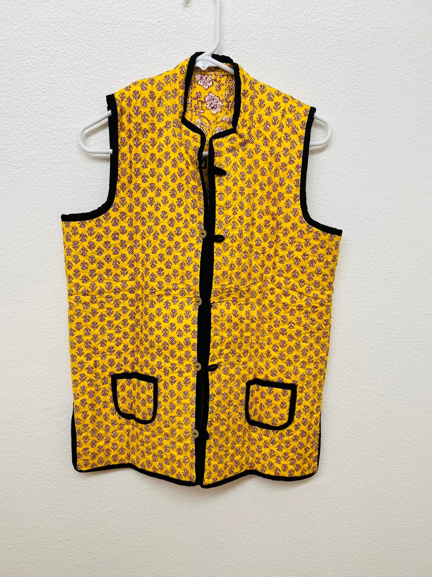 Reversible Bohemian Quilted Yellow Kantha Vest Jacket