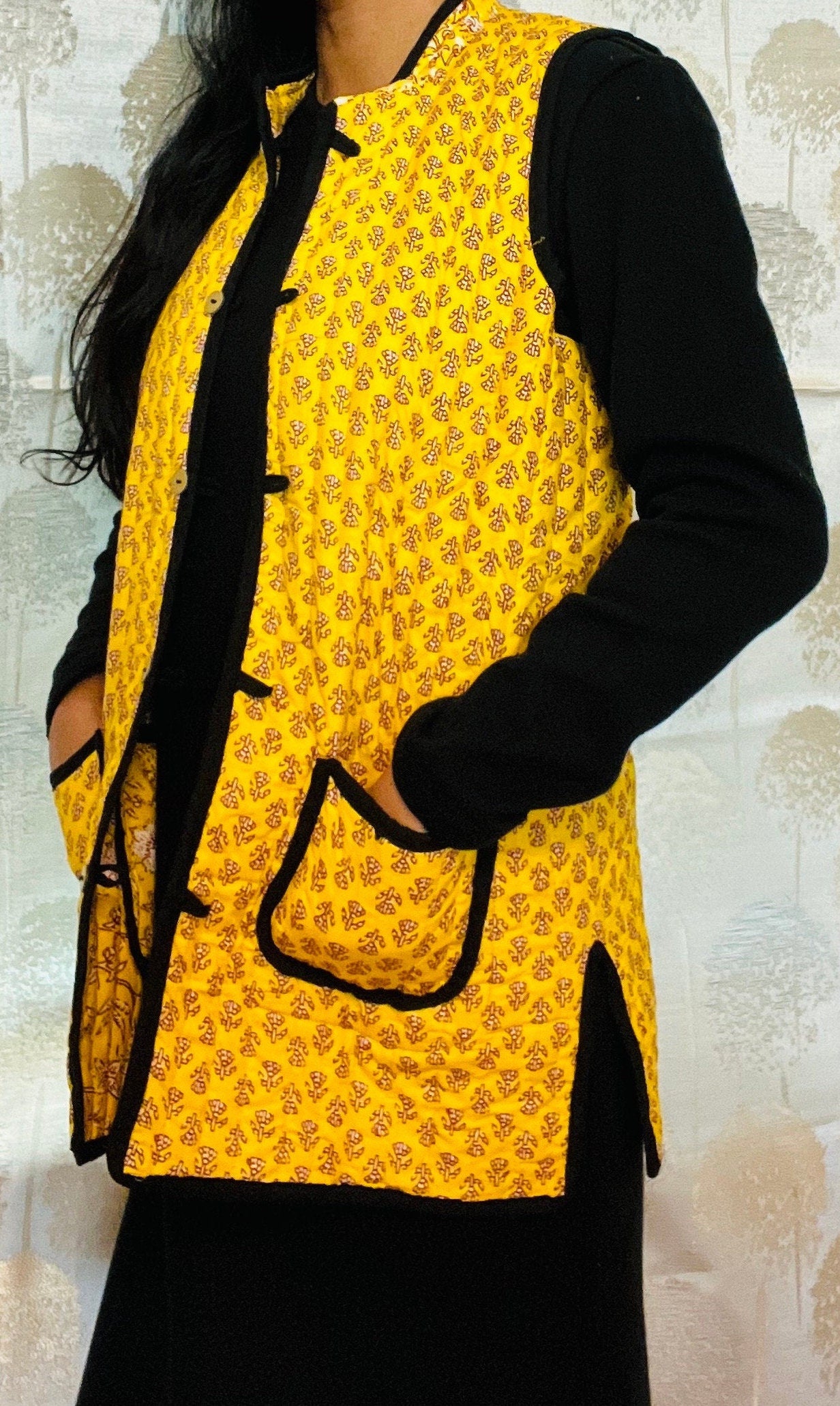 Reversible Bohemian Quilted Yellow Kantha Vest Jacket