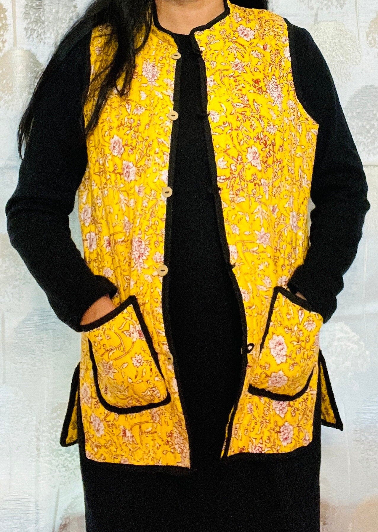 Reversible Bohemian Quilted Yellow Kantha Vest Jacket