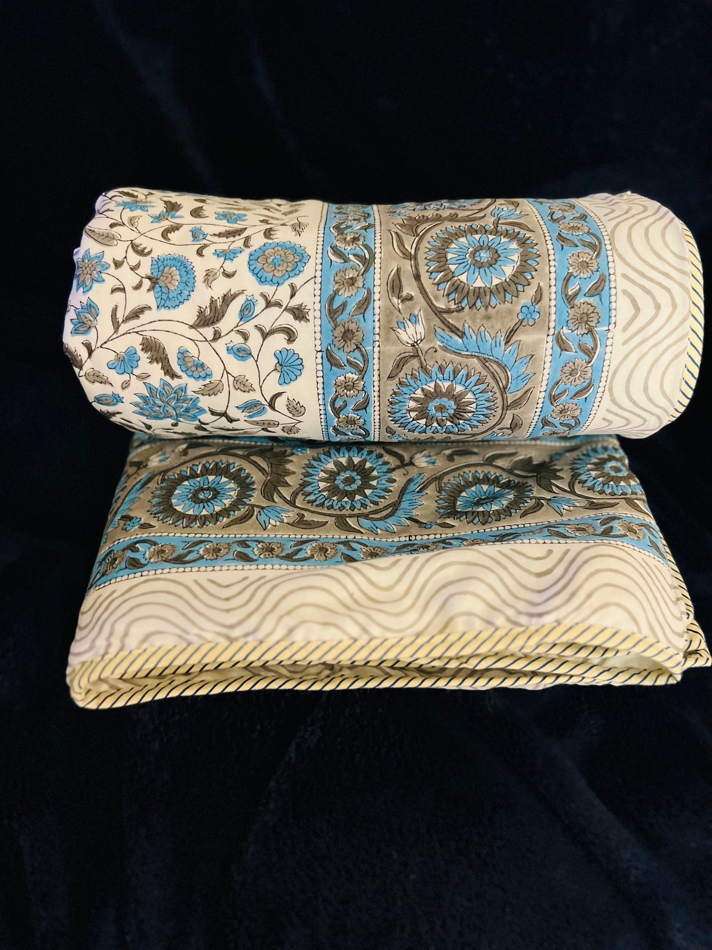 Reversible Block Print Blue Floral Cotton Jaipur Razai comforter