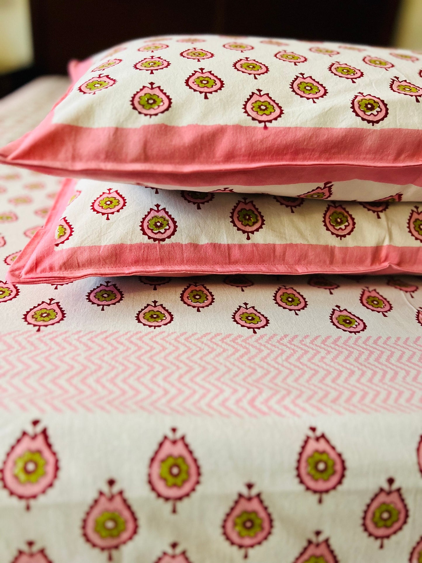 3 Piece Handmade Block Print Flat Bedsheet with 2 Pillows, 100% Cotton Washable 90x108 Inches, Floral Design Queen Set, Perfect Gift