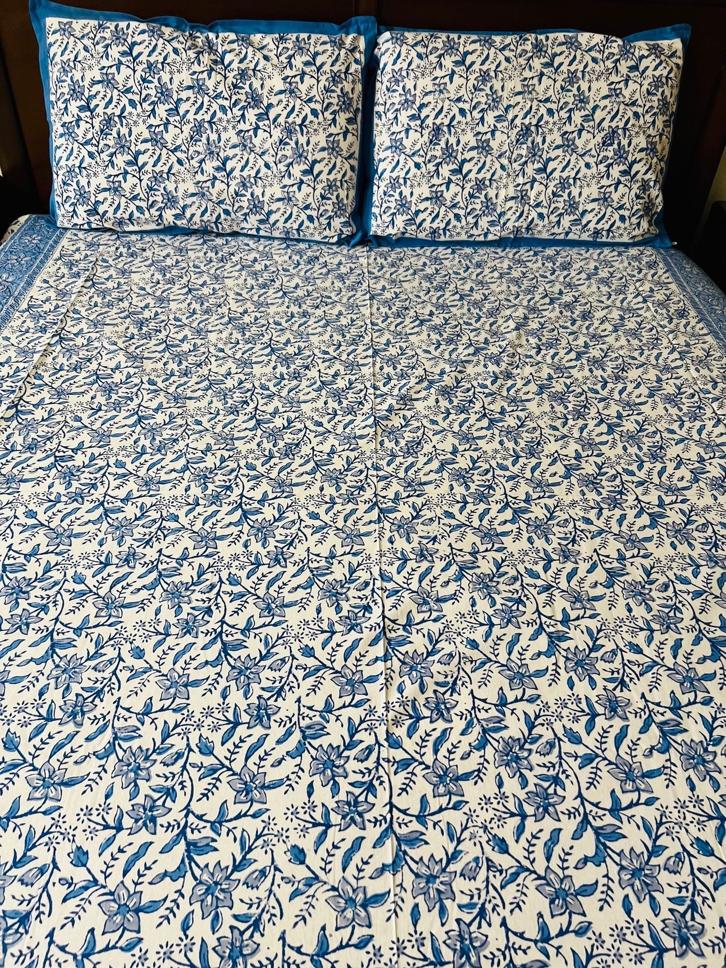 3 Piece Handmade Block Print Flat Bedsheet with 2 Pillows, 100% Cotton Washable, 90x108 Inches, Queen size, Perfect gift