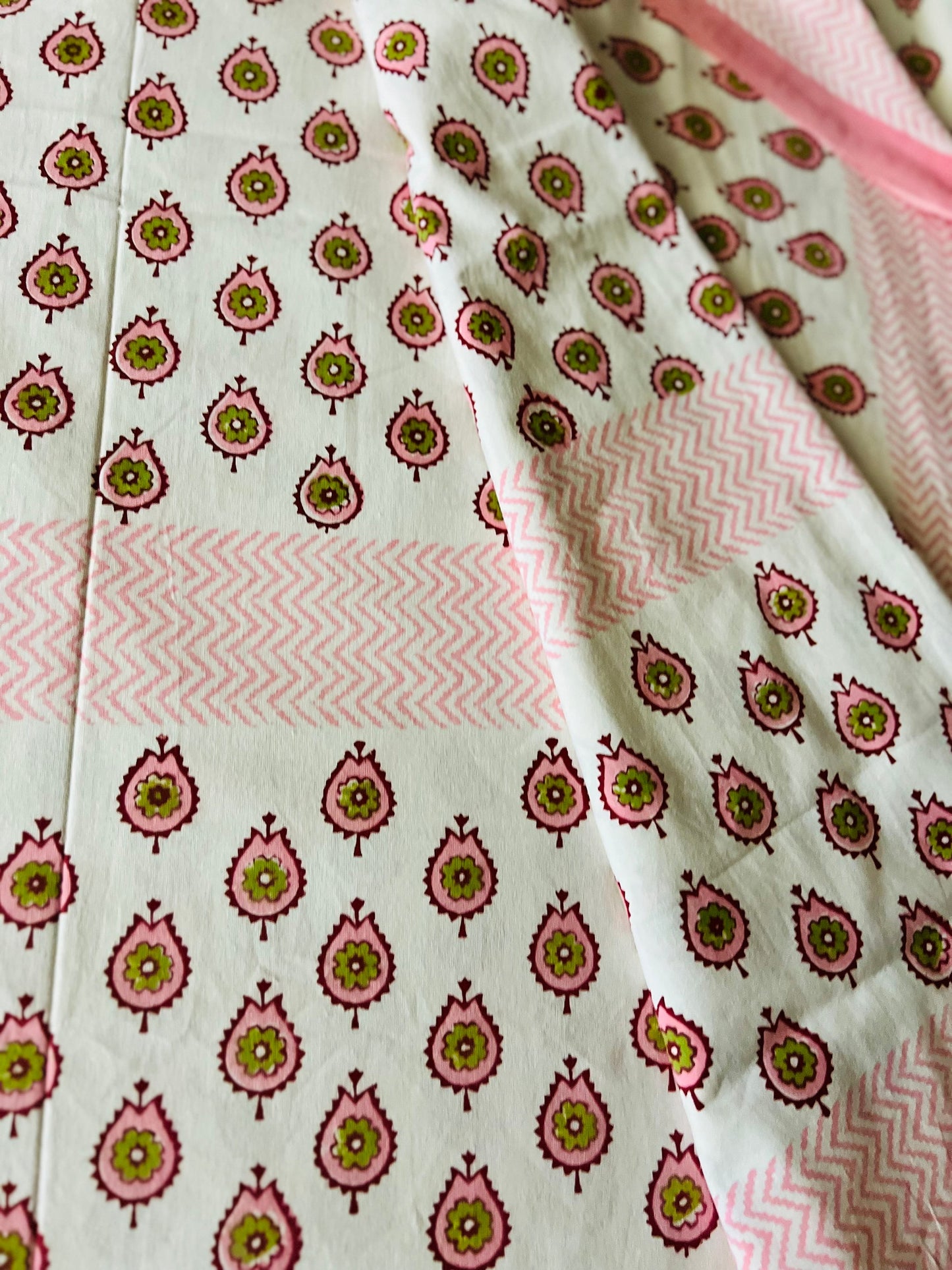 3 Piece Handmade Block Print Flat Bedsheet with 2 Pillows, 100% Cotton Washable 90x108 Inches, Floral Design Queen Set, Perfect Gift