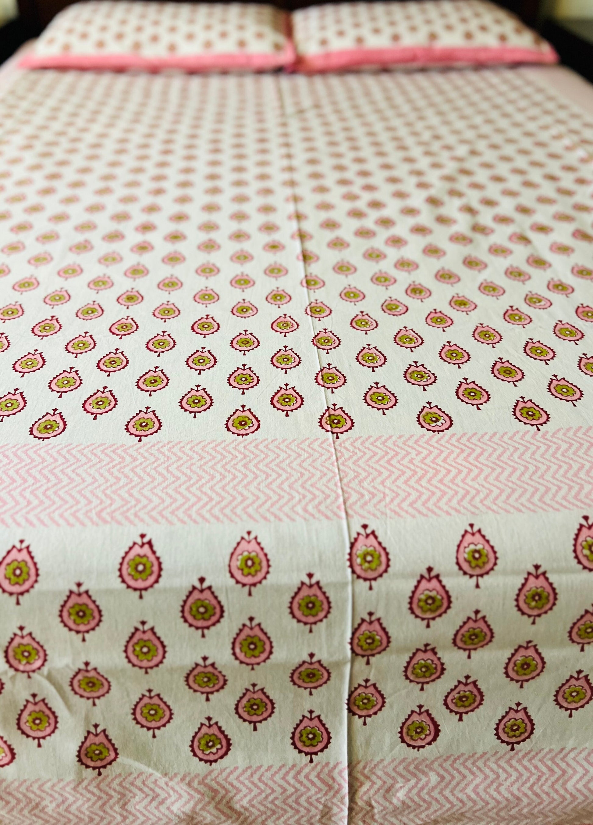 3 Piece Handmade Block Print Flat Bedsheet with 2 Pillows, 100% Cotton Washable 90x108 Inches, Floral Design Queen Set, Perfect Gift