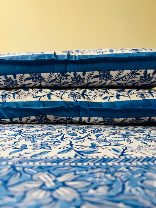 3 Piece Handmade Block Print Flat Bedsheet with 2 Pillows, 100% Cotton Washable, 90x108 Inches, Queen size, Perfect gift