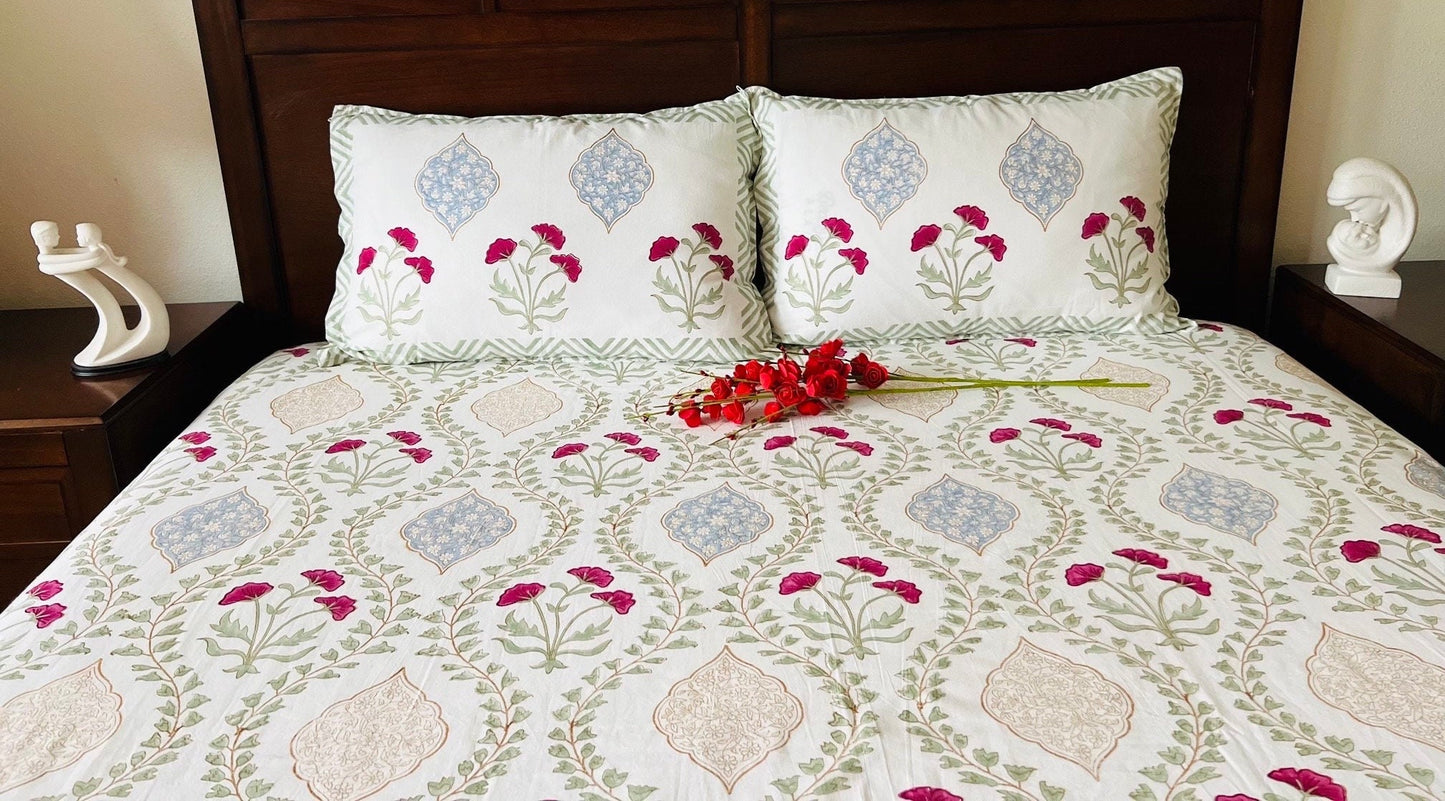 Gorgeous Pink Floral Bedding, Queen Size Handmade Block Print Set with Pillows, 100% Cotton Washable, Perfect Housewarming or Wedding Gift