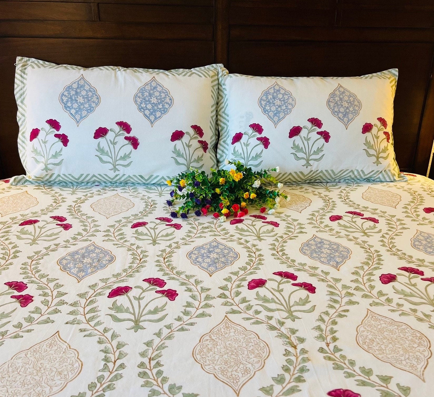 Gorgeous Pink Floral Bedding, Queen Size Handmade Block Print Set with Pillows, 100% Cotton Washable, Perfect Housewarming or Wedding Gift