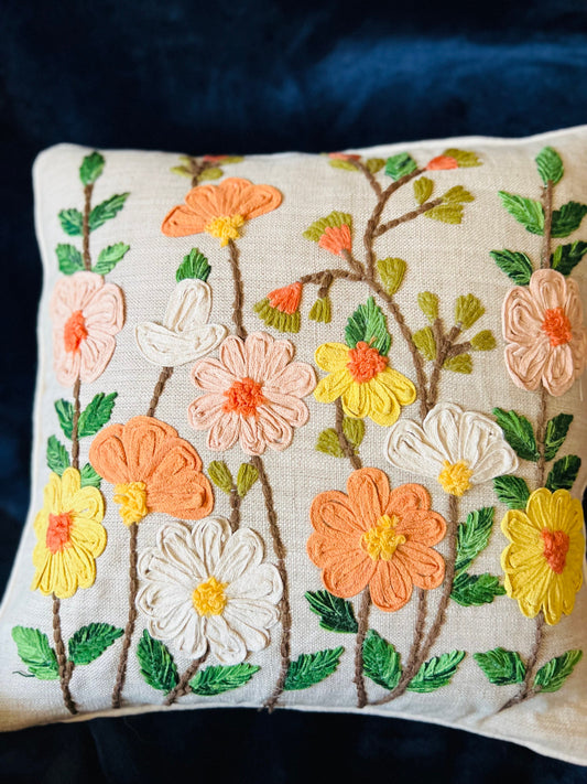 Hand-Embroidered Vibrant 3D Floral Design Boho Cushion Cover