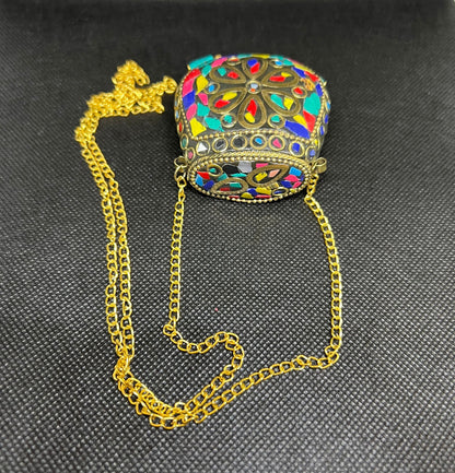 Multicolor Tibetan/Nepalese Brass Gold Tone Inlay Chip Stones Pendant