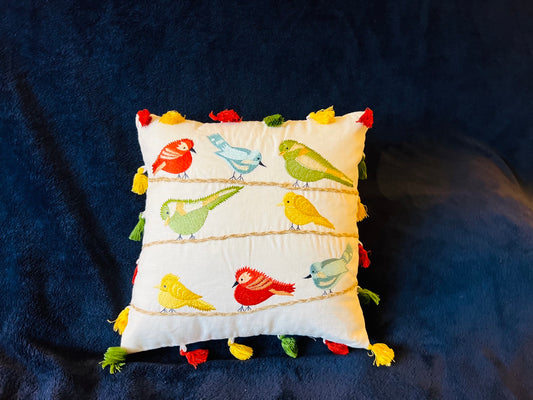 Decorative Embroidered Bird Cushion Cover, multi color throw pillow 100% Cotton, 16x16 Inch pillow, housewarming gift