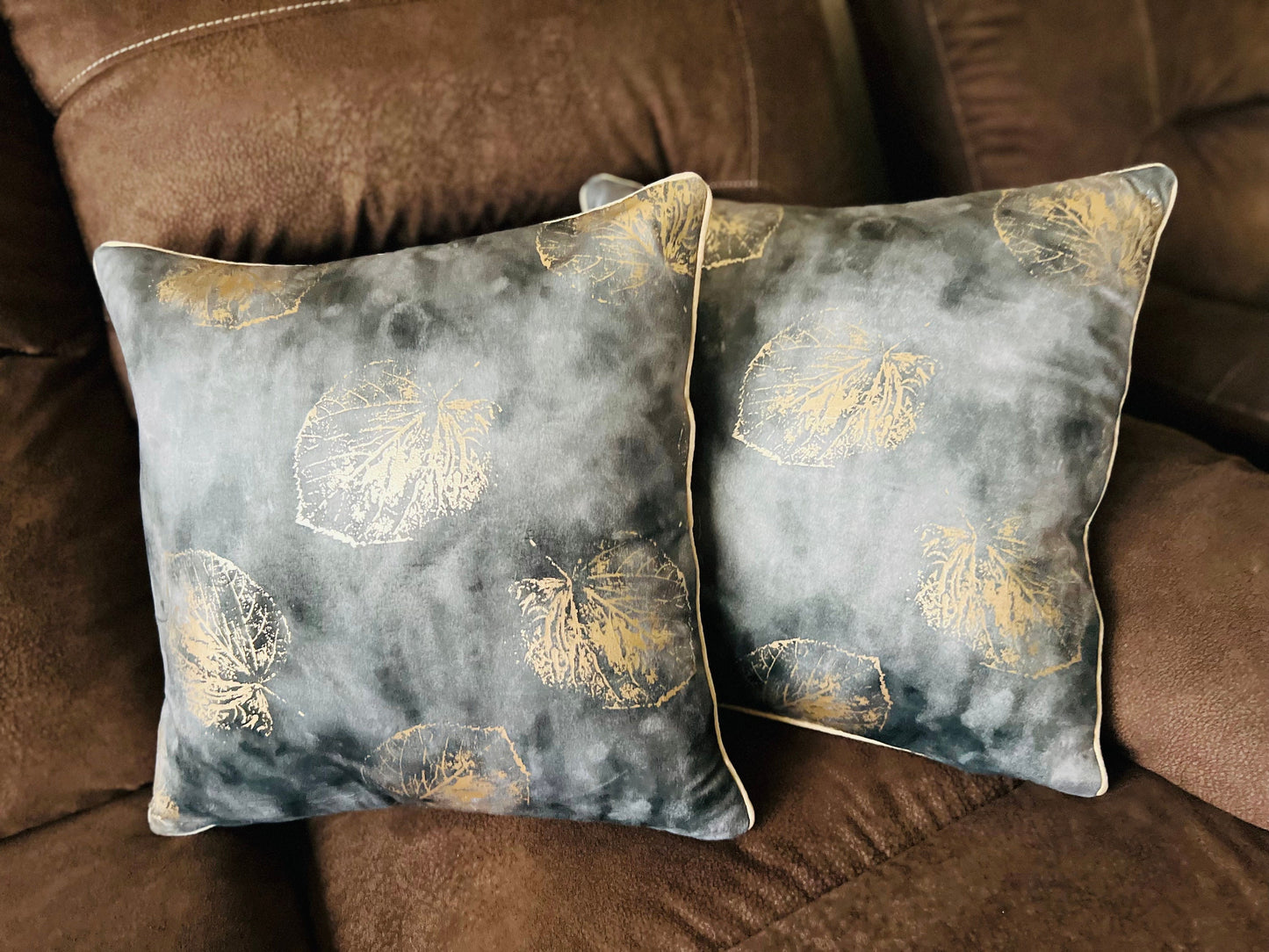 Grey Velvet Cushion Cover with Gold Leaf Design