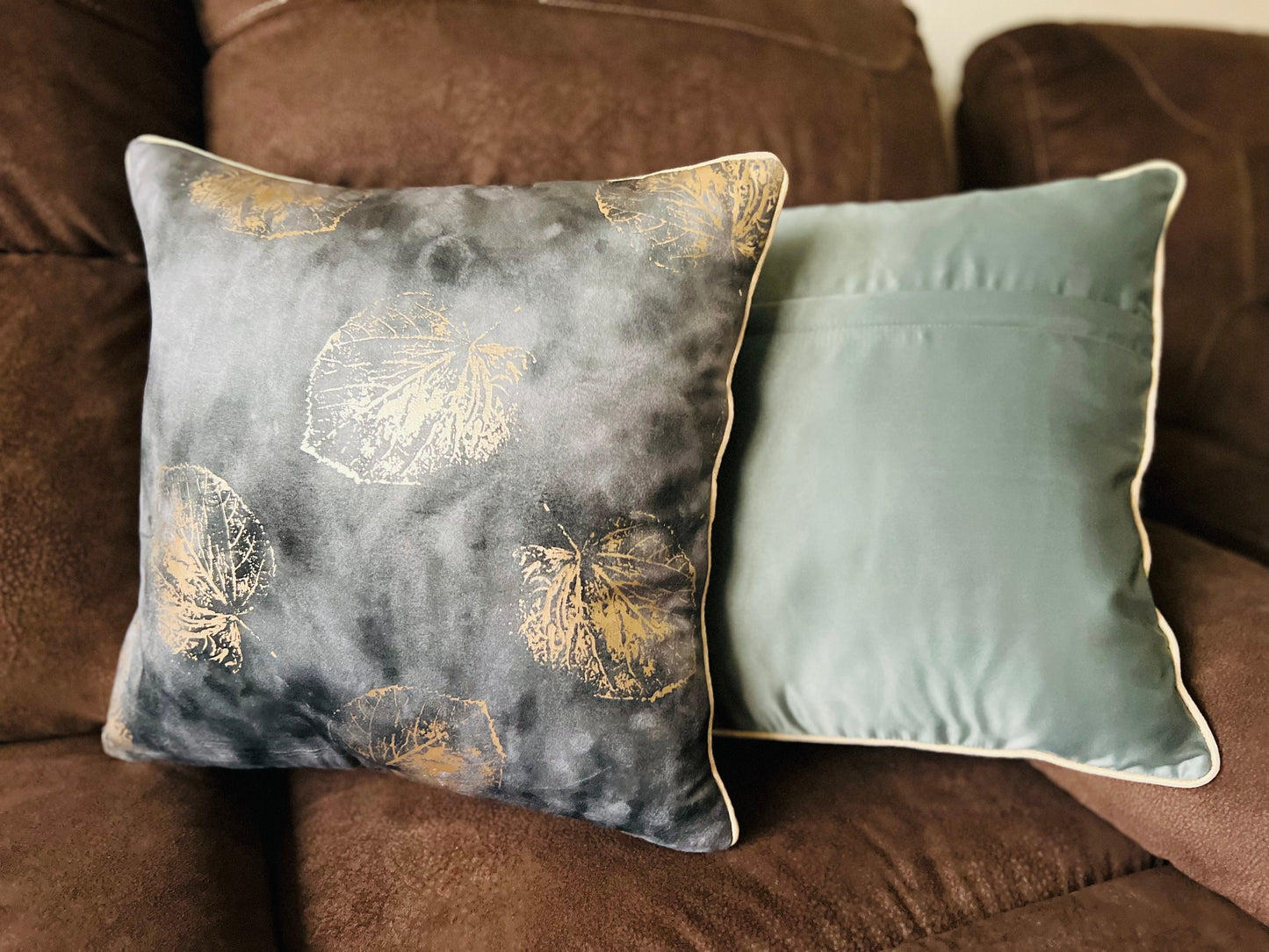 Grey Velvet Cushion Cover with Gold Leaf Design