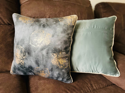 Grey Velvet Cushion Cover with Gold Leaf Design