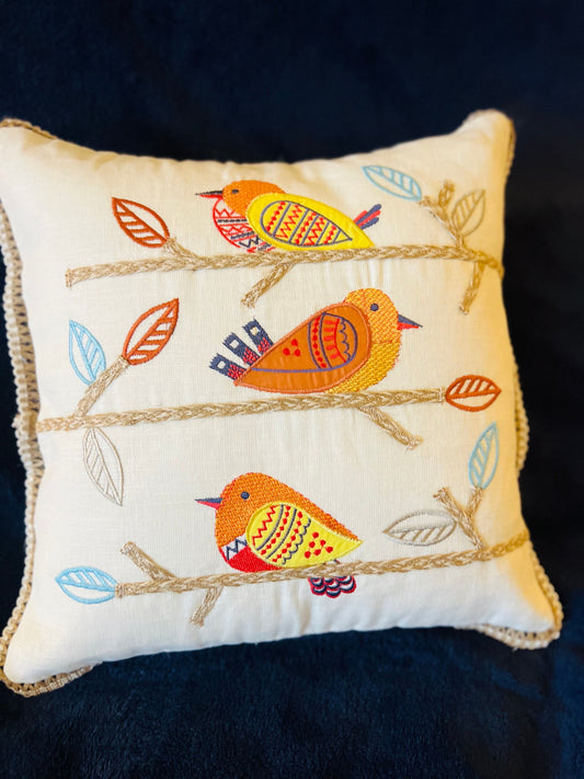 Decorative Embroidered Cushion Cover, multi color Bird pattern, patch work, throw pillow 100% Cotton, 16x16 Inch, house warming gift
