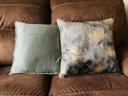 Grey Velvet Cushion Cover with Gold Leaf Design