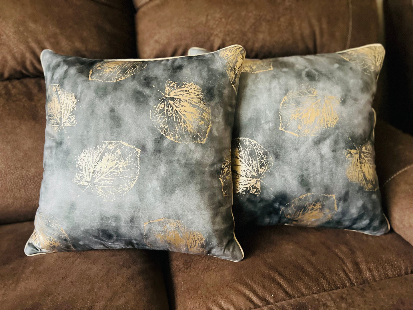 Grey Velvet Cushion Cover with Gold Leaf Design