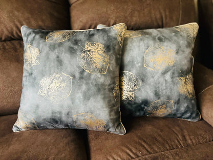 Grey Velvet Cushion Cover with Gold Leaf Design