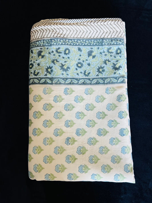 Boho Chic Cotton Comforter, Reversible Blue Floral Block Print, Lightweight Jaipur Quilt