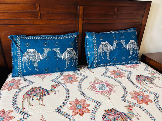 Handmade Camel Themed Cotton Flat Bedspread with Pillow Covers – Boho Style Bedding, Queen Size, Traditional Desert Print, Perfect gift