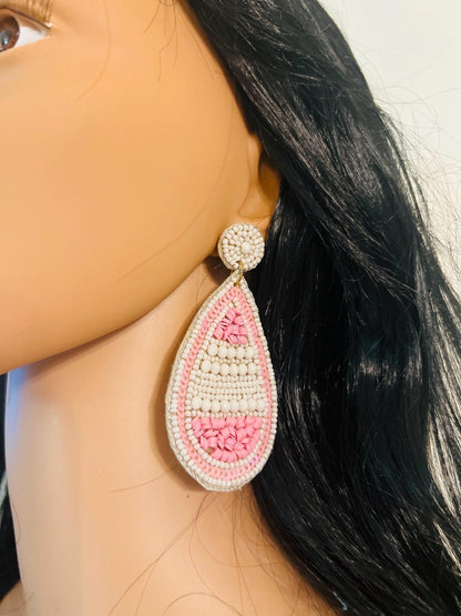 Handmade White & Pink Beaded Teardrop Earrings