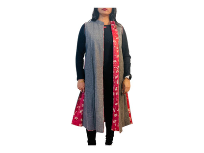 Reversible Long Jacket - Wool and Silk | Pink Floral & Gray | Unique Valentine’s Day Gift