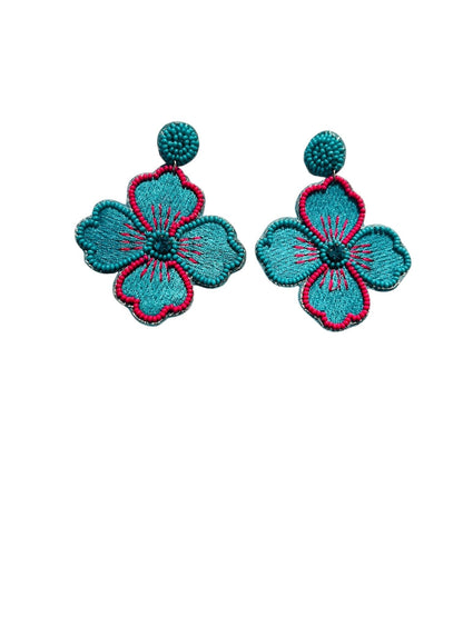 Handmade Blue Pink Floral Beaded Earrings – Boho Chic Statement Jewelry