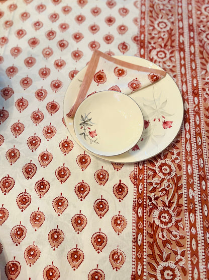 Floral Hand Block Cotton Tablecloth Set – Peach & White