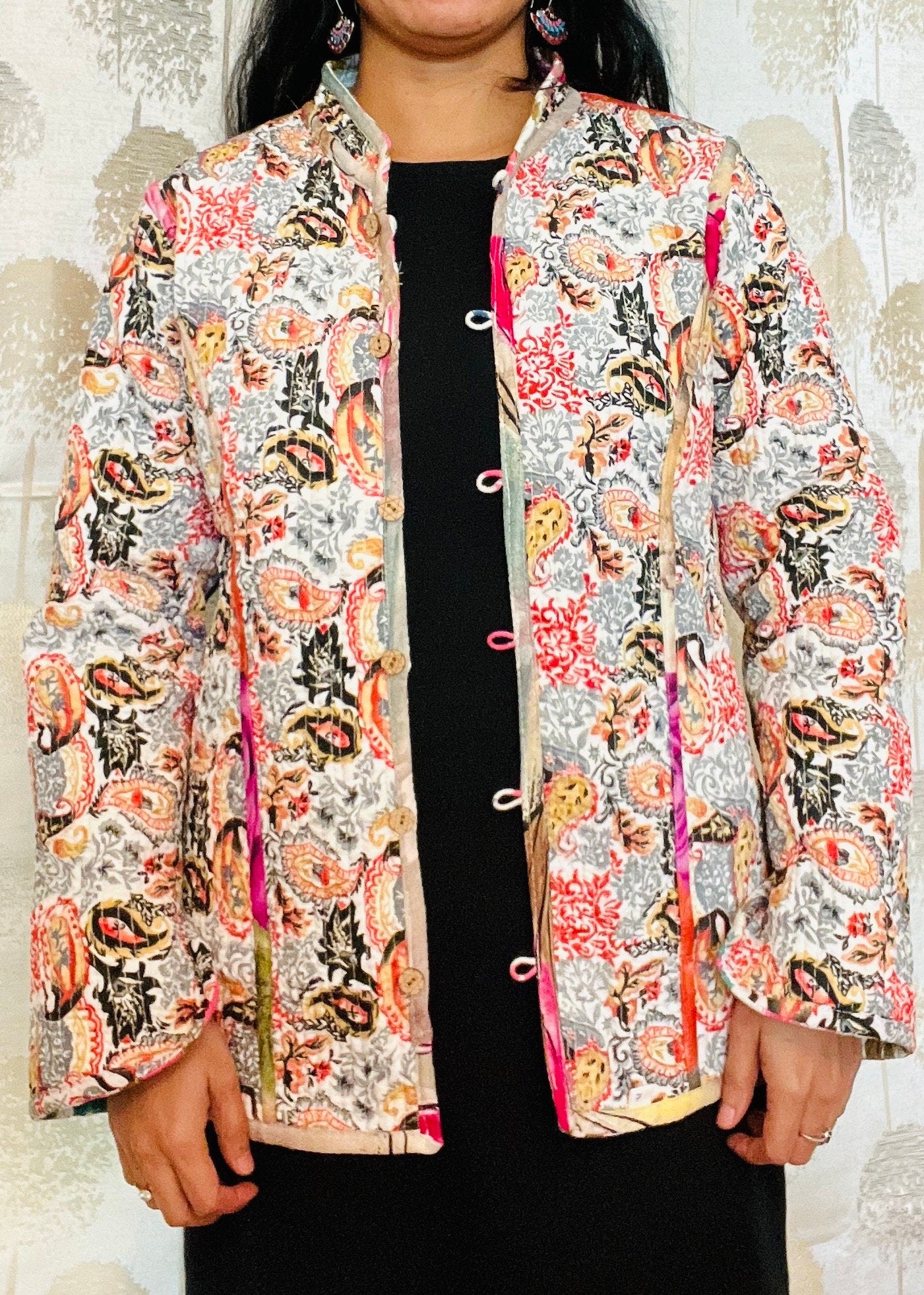 Handmade Reversible Bohemian Style Quilted Jacket, Kantha Jacket, Women's Short Coat tie & dye white design, Gift for Her