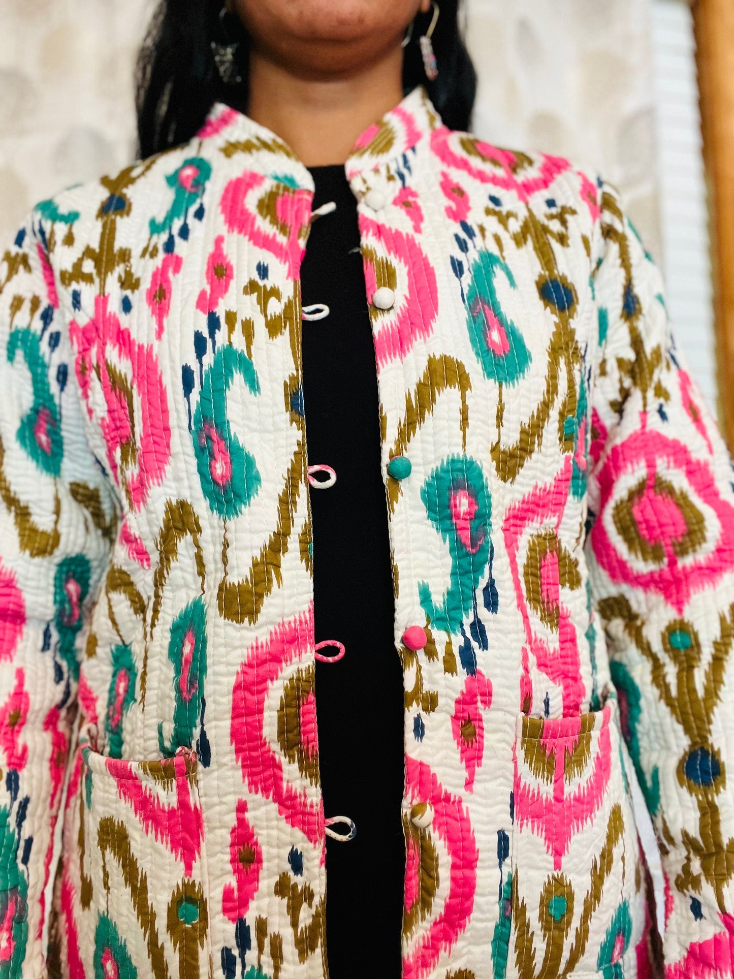 Handmade Reversible Bohemian Style Quilted Jacket, Kantha Jacket, Women's Short Coat tie & dye white design, Gift for Her
