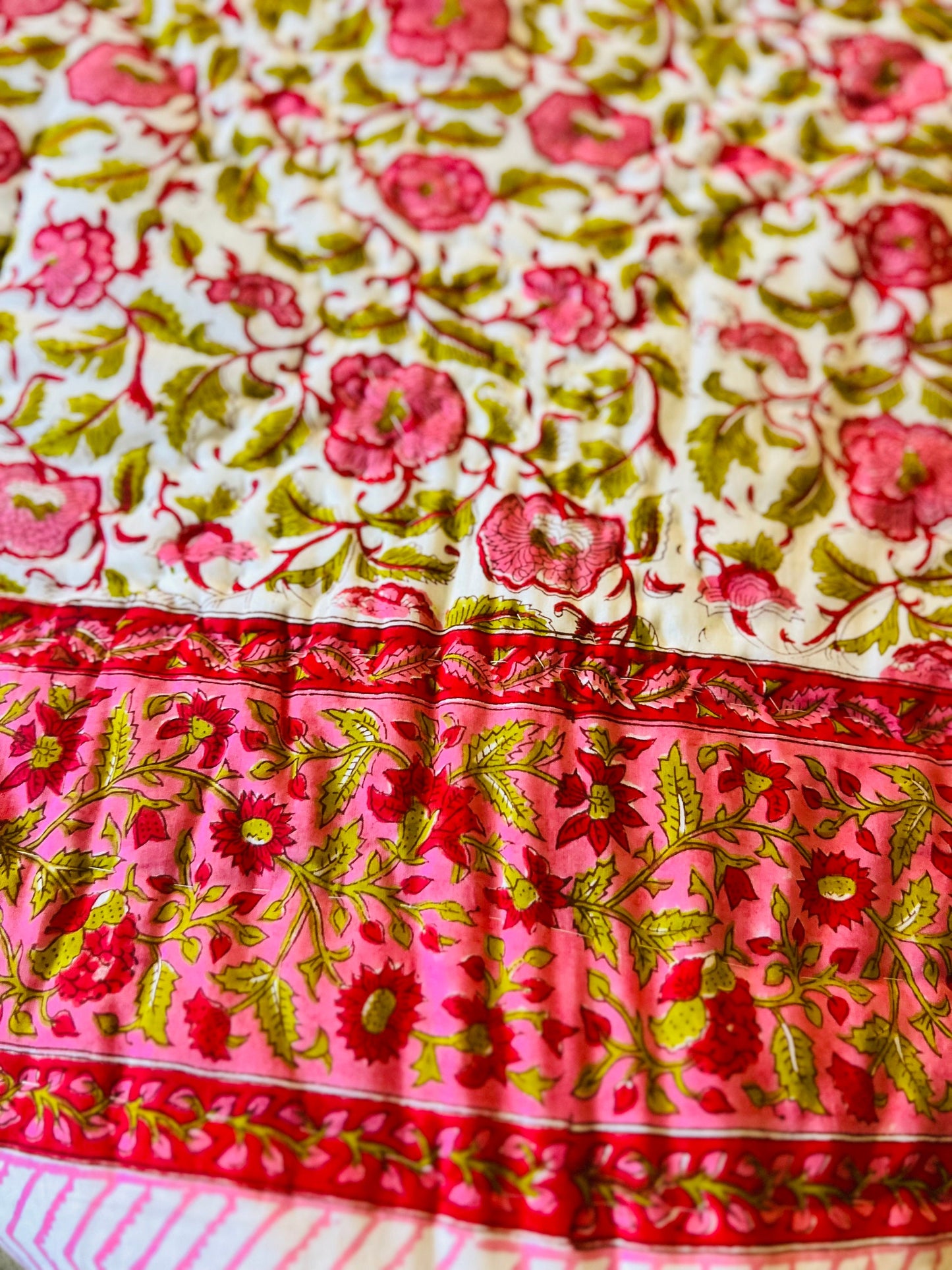 Reversible Handmade Block Print Floral 100% Cotton Quilted Blanket, Jaipur Razai, Light Weight Winter Blanket, Queen size, 90x108 inch
