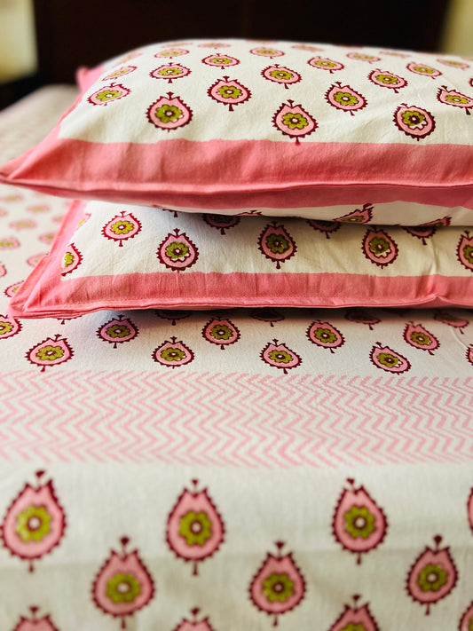 3 Piece Handmade Block Print Flat Bedsheet with 2 Pillows, 100% Cotton Washable 90x108 Inches, Floral Design Queen Set, Perfect Gift