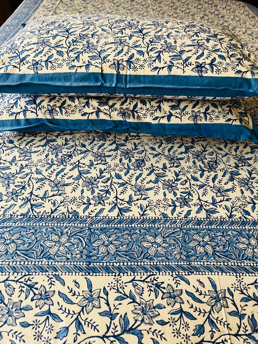 3 Piece Handmade Block Print Flat Bedsheet with 2 Pillows, 100% Cotton Washable, 90x108 Inches, Queen size, Perfect gift